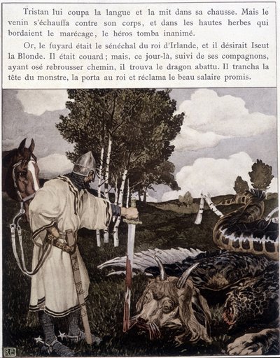 Tristan a halott sárkány közelében - Bédier ill. „” Le Roman de Tristan et Iseult” című könyvében. Robert Engels, szerk. Művészet, Párizs alkotó: Robert Engels