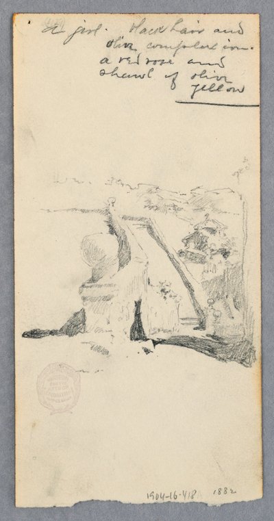 Rajz, Kilátás egy magaslatról a városra (recto); nő kezében egy üveggel (verso), 1882 alkotó: Robert Frederick Blum