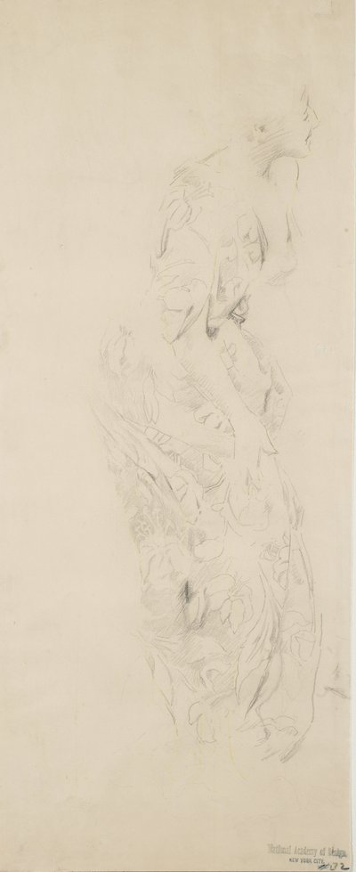 Vázlat egy nőről virágmintás ruhában, esetleg Moods to Music falfestményhez, 1893-98 (grafit és sárga ceruza szőtt papíron) alkotó: Robert Frederick Blum
