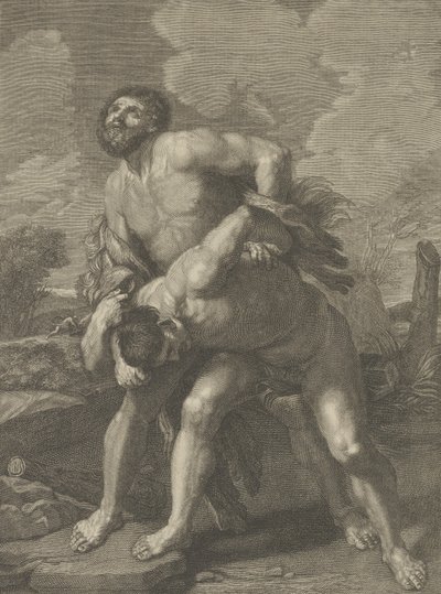 Oroszlánbőrt viselő Herkules, aki Acheloussal harcol, egy táj a háttérben, ..., kb. 1713-72. alkotó: Robert Hecquet