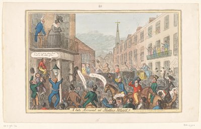 Spotprent op prinses Caroline, 1820 Késői érkezés Mother Wood-hoz (cím a tárgyon) alkotó: Robert Isaac Cruikshank (attributed to workshop of)