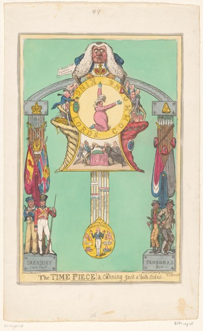 Óra a királynővel a számlapon, 1820 Az Idődarab! és ravasz Jack mindkét oldalon alkotó: Robert Isaac Cruikshank