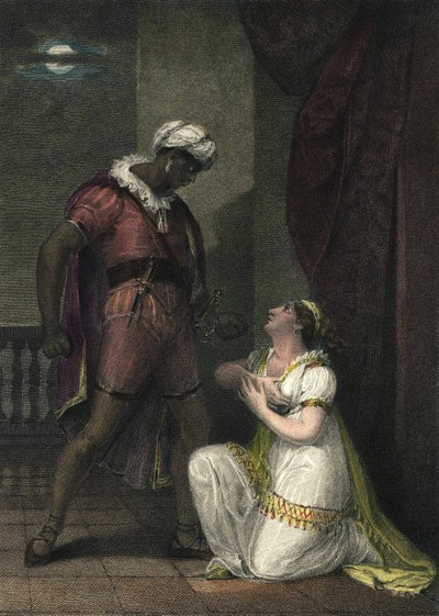 Othello és Desdemona Velencében. Illusztráció William Shakespeare „” Othello”-jához. 4. felvonás 2. jelenet. R.K Porter angol metszet 1801-ből. alkotó: Robert Kerr Porter