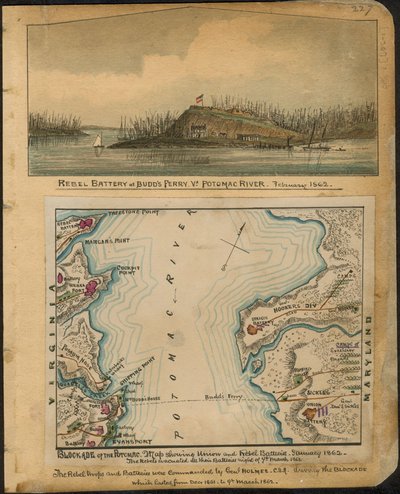 A Potomac blokádja. Az Unió és a lázadók ütegeit ábrázoló térkép 1862 januárja. A lázadók 1862. március 4-én éjjel kiürítették az összes ütegüket. LOC gvhs01.vhs00066 alkotó: Robert Knox Sneden