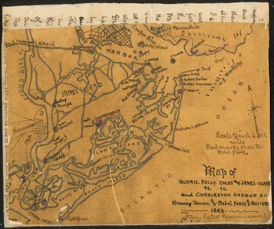 Morris, Folly, Coles és James sziget(ek) stb., valamint Charleston Harbor S.C. térképe, melyen (sic) az Unió és a lázadók erődjei és ütegei láthatók, 1864. LOC gvhs01.vhs00184 alkotó: Robert Knox Sneden