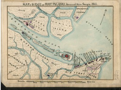 A Pulaski erőd ostromának térképe - Savannah River Georgia. 1862. LOC gvhs01.vhs00085 alkotó: Robert Knox Sneden