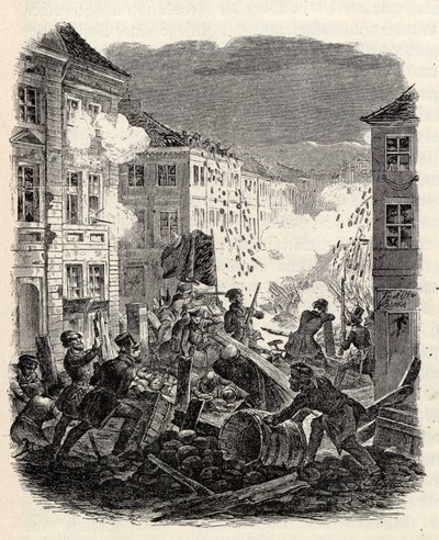 Barikádharc a berlini Cölln városházánál 1848. március 18-ról 19-re virradó éjszaka. alkotó: Robert Kretschmer