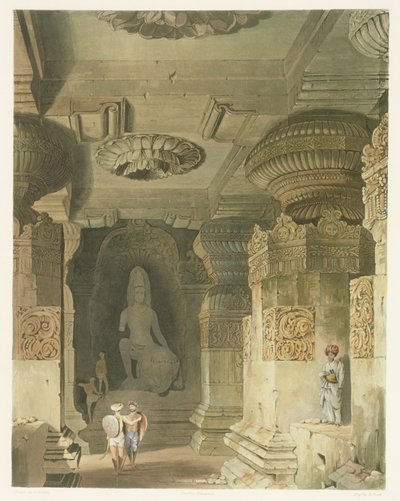 Indra Subba barlangtemplomának belseje Ellorában, az Indiai táj, jelmezek és építészet II. kötetéből, David Roberts (1796-1864) rajza, Thomas Kearnan (fl.1821-50) metszet és metszet alkotó: Robert Melville Grindlay