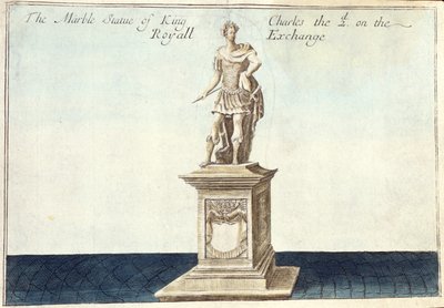 II. Károly király (1630-85) márványszobra a királyi tőzsdén, „A Book of the Remarkable Places in and about the London” című könyvből, 1700 körül (metszet) alkotó: Robert Morden