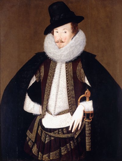 Sir Charles Cornwallis portréja, prémes fekete köpenyben, fehér dupla és barna, arany hímzésű mellényben, alkotó: Robert Peake