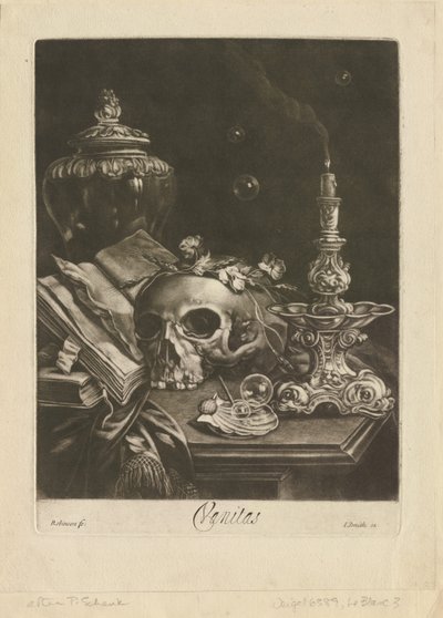 Vanitas csendélet, 1685-88 körül (mezzotint beégetéssel) alkotó: Robert Robinson