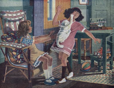 Annette kis macskája: egy fehér macska karmolja a barátjával játszó kislány arcát. Illusztráció: Robert Salles (1871-1929) a „Je sais Lire” c. alkotó: Robert Salles