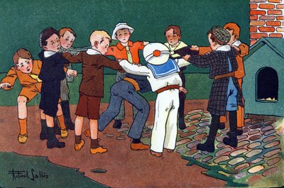 Macska és egér. Gravírozás „”-be Mit játszunk? E. Weber „” Robert Salles (1871-1929) akvarell rajzaival. Librairie Garnier Freres, Párizs alkotó: Robert Salles