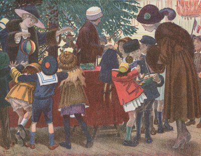 Gyerekek egy játékbódéban (színes litográfia) alkotó: Robert Salles