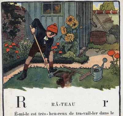 Gyermekkönyv „” El fogom olvasni – Módszeres és szórakoztató ábécé egy apától””” 1926. Illusztráció: Robert Salles (1871-1929). Abecedaire: R betű gereblyeként. Egy fiúkert a háza kertjében. alkotó: Robert Salles