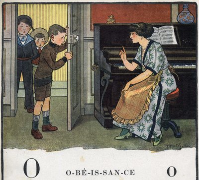 Gyermekkönyv „” El fogom olvasni – Módszeres és szórakoztató ábécé egy apától””” 1926. Illusztráció: Robert Salles (1871-1929). Abecedary: O betű, mint engedelmesség. Egy anya szidja a fiait. alkotó: Robert Salles