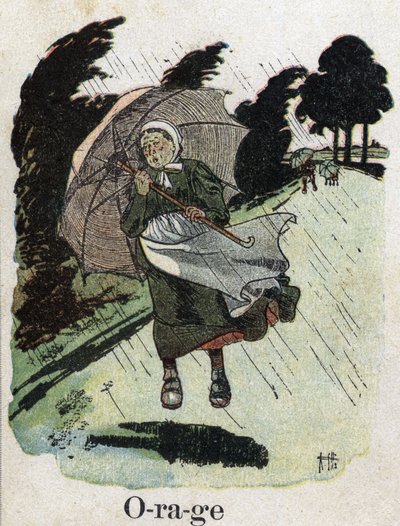 Gyermekkönyv „” El fogom olvasni – Módszeres és szórakoztató ábécé egy apától””” 1926. Illusztráció: Robert Salles (1871-1929). „Vihar”: egy nő az esőben mendegél az esernyőjével. alkotó: Robert Salles