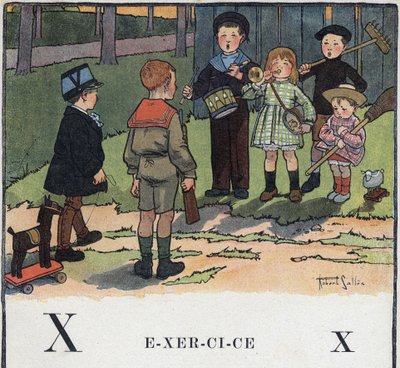 Gyermekkönyv „” El fogom olvasni – Módszeres és szórakoztató ábécé egy apától””” 1926. Illusztráció: Robert Salles (1871-1929). Abecedary: X betű gyakorlatként. A gyerekek katonát játszanak. alkotó: Robert Salles