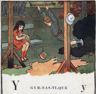 Gyermekkönyv „” El fogom olvasni – Módszeres és szórakoztató ábécé egy apától””” 1926. Illusztráció: Robert Salles (1871-1929). Abecedary: Y betű, mint a gimnasztika. Egy fiú trapéz, miközben egy lány babát játszik. alkotó: Robert Salles
