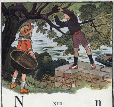 Gyermekkönyv „” El fogom olvasni – Módszeres és szórakoztató ábécé egy apától””” 1926. Illusztráció: Robert Salles (1871-1929). Abecedary: N betű, mint Nest. Egy fiú elvesz egy fára épített fészket. alkotó: Robert Salles