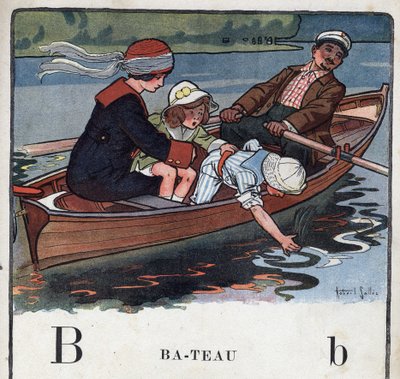 Gyermekkönyv „” El fogom olvasni – Módszeres és szórakoztató ábécé egy apától””” 1926. Illusztráció: Robert Salles (1871-1929). Abecedaire: B betű, mint Hajó. Egy család egy csónakban sétál. alkotó: Robert Salles