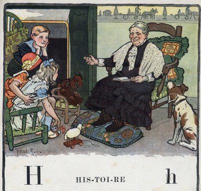 Gyermekkönyv „” El fogom olvasni – Módszeres és szórakoztató ábécé egy apától””” 1926. Illusztráció: Robert Salles (1871-1929). Abecedaire: H betű történelemként. Egy nagymama történeteket mesél az unokáinak a kandalló közelében. alkotó: Robert Salles