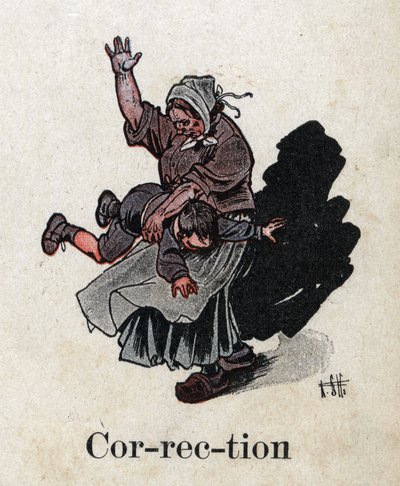 Gyermekkönyv „” El fogom olvasni – Módszeres és szórakoztató ábécé egy apától””” 1926. Illusztráció: Robert Salles (1871-1929). "Javítás"". Büntetés: az anya szétteríti gyermekét, hogy megbüntesse alkotó: Robert Salles