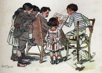 Gyermekkönyv „” El fogom olvasni – Módszeres és szórakoztató ábécé egy apától””” 1926. Illusztráció: Robert Salles (1871-1929). Egy családapa tanítja a gyerekeket olvasni. alkotó: Robert Salles