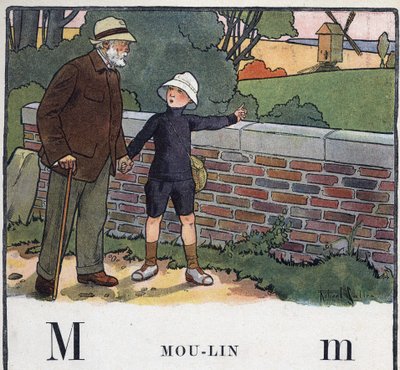 Gyermekkönyv „” El fogom olvasni – Módszeres és szórakoztató ábécé egy apától””” 1926. Illusztráció: Robert Salles (1871-1929). Abecedaire: M betű Moulin néven. Egy fiú sétál a nagyapjával. Egy szélmalomra mutat. alkotó: Robert Salles