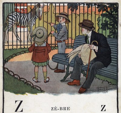 Gyermekkönyv „” El fogom olvasni – Módszeres és szórakoztató ábécé egy apától””” 1926. Illusztráció: Robert Salles (1871-1929). Abecedaire: Z betű, mint Zebre. Gyerekek karikával néznek egy zebrát az állatkertben. alkotó: Robert Salles