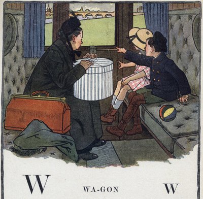 Gyermekkönyv „” El fogom olvasni – Módszeres és szórakoztató ábécé egy apától””” 1926. Illusztráció: Robert Salles (1871-1929). Abecedaire: W betű Wagonként. Két gyerek az anyjával utazik egy vonatfülkében. alkotó: Robert Salles