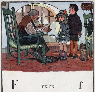 Gyermekkönyv „” El fogom olvasni – Módszeres és szórakoztató ábécé egy apától””” 1926. Illusztráció: Robert Salles (1871-1929). Abecedaire: F betű mint Fete. Egy lány és egy fiú ajándékot kínál a nagypapájuk partijára. alkotó: Robert Salles