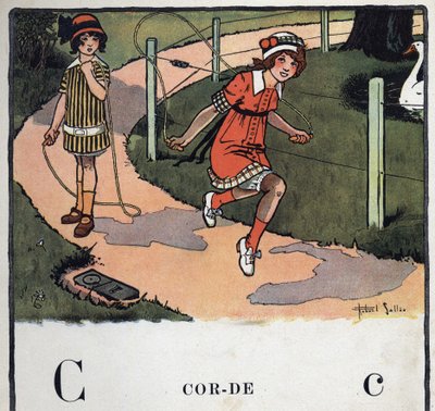 Gyermekkönyv „” El fogom olvasni – Módszeres és szórakoztató ábécé egy apától””” 1926. Illusztráció: Robert Salles (1871-1929). Abecedary: C betű kötélként. Két lány ugrókötélen játszik. alkotó: Robert Salles