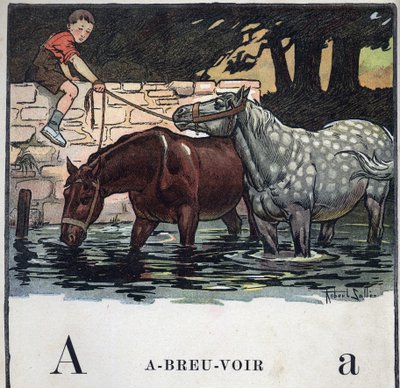 Gyermekkönyv „” El fogom olvasni – Módszeres és szórakoztató ábécé egy apától””” 1926. Illusztráció: Robert Salles (1871-1929). Abecedary: A betű mint ivóvíz. Két ló iszik vizet. alkotó: Robert Salles
