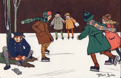 Jégkorcsolyázás. Gravírozás „”-be Mit játszunk? E. Weber „” Robert Salles (1871-1929) akvarell rajzaival. Librairie Garnier Freres, Párizs alkotó: Robert Salles