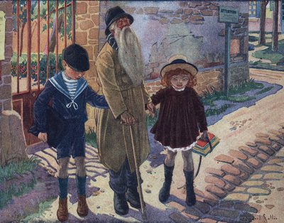 A vak botja: két gyerek segít járni egy vak öregnek. Illusztráció: Robert Salles (1871-1929) a „Je sais Lire” c. alkotó: Robert Salles