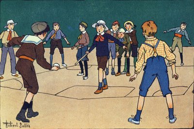 Theque (csapatjáték labdával és bottal). Gravírozás „”-be Mit játszunk? E. Weber „” Robert Salles (1871-1929) akvarell rajzaival. Librairie Garnier Freres, Párizs alkotó: Robert Salles