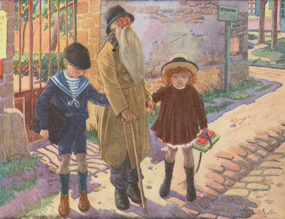Két gyermek segít egy vak öregembernek, aki elvesztette a botját (színes litográfia) alkotó: Robert Salles