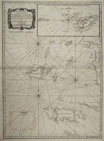 Guernsey és Jersey, Sark, Herm, Jethou és Alderney szigeteinek általános térképe, a Hágai-fok és a Casket-szigetek térképével. alkotó: Robert Sayer