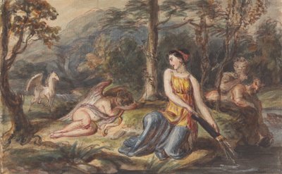 Diana, a vadászat istennője szatírokkal, alvó Ámorral és egy Pegazusszal erdős tájon alkotó: Robert Smirke