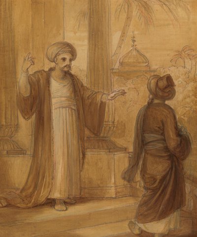 Illusztráció egy keleti románchoz, esetleg „Az arab éjszakákhoz”, két álló férfialakkal alkotó: Robert Smirke