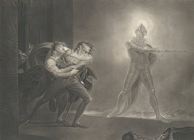 Hamlet, Horatio, Marcellus és a szellem Shakespeare, Haml..., először 1796-ban adták ki, újra kiadták 1852-ben. alkotó: Robert Thew
