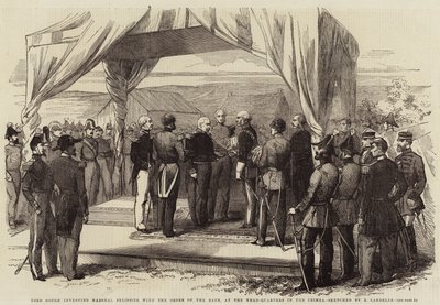 Lord Gough Pelissier marsallt a Fürdő Rendjébe ruházza a Krím-félszigeten lévő főhadiszálláson alkotó: Robert Thomas Landells