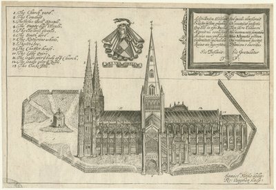 Lichfield katedrális – Déli nézet: rézmetszet, és [17. század] alkotó: Robert Vaughan