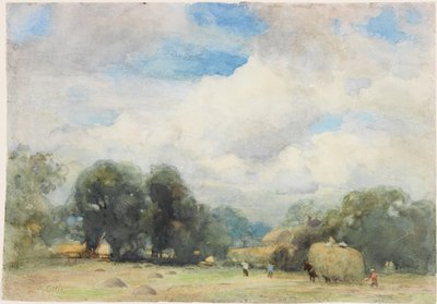 Szénakészítés Herefordshire-ben (ceruza és akvarell papíron (kártyára ragasztva)) alkotó: Robert W. Little