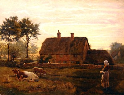 Szarvasmarhák legeltetése egy nádfedeles kunyhó mellett naplementekor alkotó: Robert Walker Macbeth