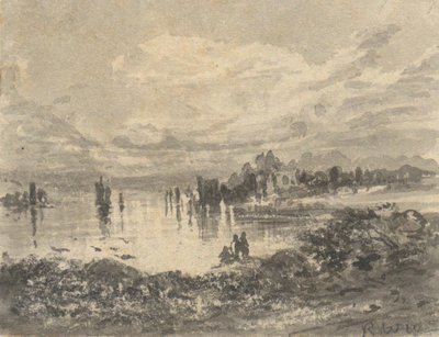 Kilátás a tóra és a hegyekre alakokkal alkotó: Robert Walter Weir