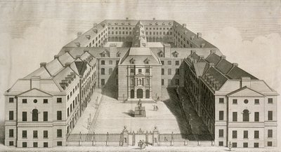 Madártávlati kép a Southwarki Guys Kórházról, alakokkal az udvaron, William Henry Toms metszetével, 1756 körül alkotó: Robert West