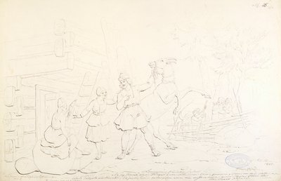 Lemminkäinen és Hiiden Hirvi ; Eredeti rajz a "Kalewala, Finsk National-dikt, framställd i teckningar af R.W.Ekman" sorozathoz. alkotó: Robert Wilhelm Ekman