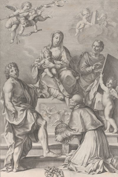 Madonna és gyermek a középpontban Keresztelő Szent Jánossal, Szent Lukácskal, Celestini Péter pápával,..., 1694. alkotó: Robert van Audenaerde